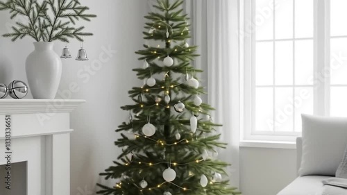 Decorative Christmas Tree with Ornaments and Star Topper in Bright Living Room