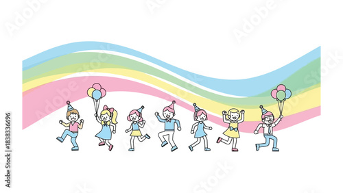 Joyful Gathering: Lively children revel in a vibrant celebration, each figure holding aloft balloons, embodying the spirit of pure delight and shared merriment, all set against a playful.