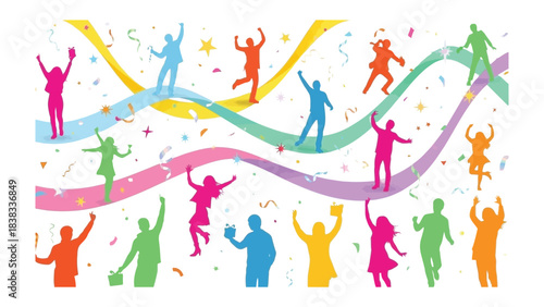 Celebratory silhouettes: A vibrant tableau of diverse people in joyful celebration, amidst a cascade of colorful confetti and swirling ribbons.