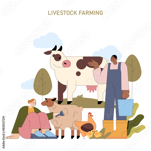 Farm Animals and Farmers Vector Illustration