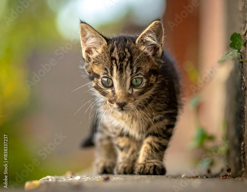 Tiny kitten with striking eyes, walking towards viewer in soft light