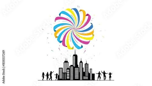 Festive City Celebration: An artistic silhouette captures the exuberant energy of a city at a festive celebration, featuring stylized fireworks bursting above the skyline. 