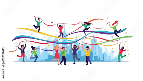 Celebratory Strands of Unity: Joyful individuals come together, intertwined with vibrant ribbons. Together, they celebrate the strength of togetherness, reaching towards a shared vision.