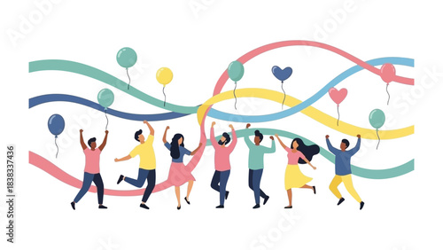 Celebration of Unity: A vibrant illustration showcasing a diverse group of individuals dancing joyfully amidst a festive atmosphere, celebrating together with balloons and ribbons.