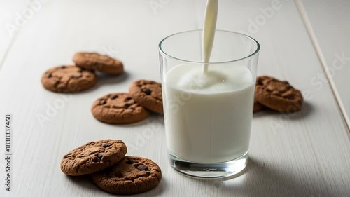 Pouring Milk into a Glass with Chocolate Cookies on Light Surface