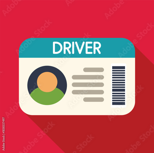 Driver license card with photo, personal information and barcode on red background
