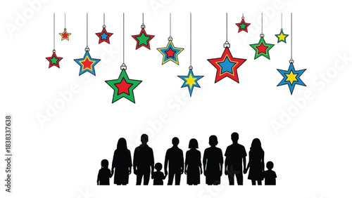 Festive Stars: Silhouette of a family stand below colorful stars, ready for the upcoming event and embracing the celebratory spirit. 