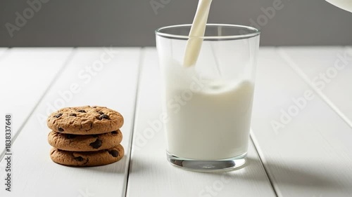 Pouring milk into a glass beside chocolate chip cookies on white wooden surface