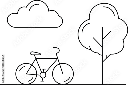 Simple line art bicycle under a cloud next to a tree bike nature