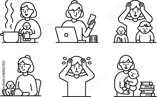 mother multitasking icons, stressed mom, childcare, working mother, parenting stress, overwhelmed parent, motherhood challenges, family responsibilities, line art illustration