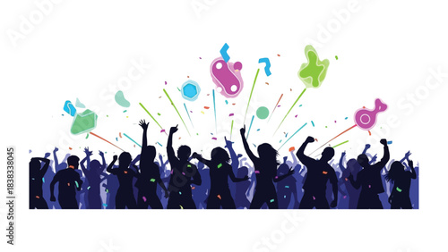 Celebration Silhouette: A vibrant illustration capturing the energy and excitement of a crowd celebrating, with colorful confetti and dynamic silhouettes of people.