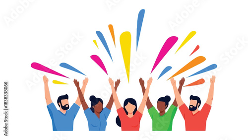 Celebration of Unity and Color: A vibrant illustration depicts a group of diverse individuals, arms raised in a display of collective joy and triumph, with colorful bursts emanating from above.
