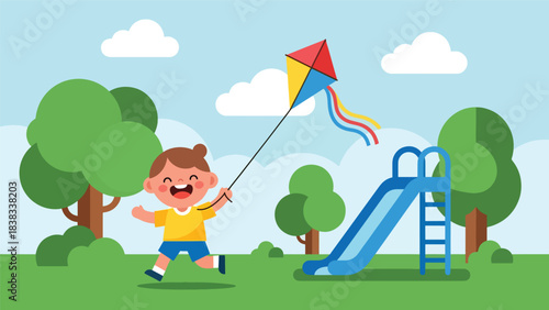 Modern flat vector illustration of a happy child smiling while running with a kite at the playground, surrounded by trees, sunshine, and playful shapes
