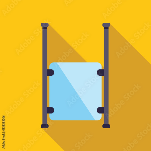 Flat design of a transparent glass panel secured by metal poles, forming a protective barrier or railing