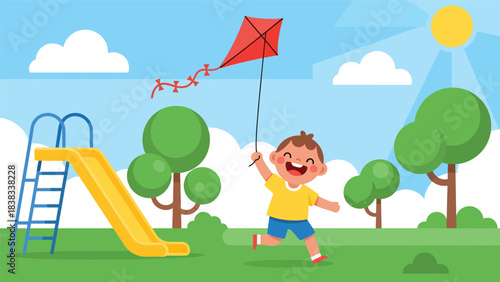 Modern flat vector illustration of a happy child smiling while running with a kite at the playground, surrounded by trees, sunshine, and playful shapes