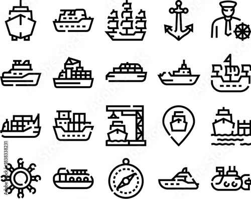 Ships transport and maritime navigation line icons
