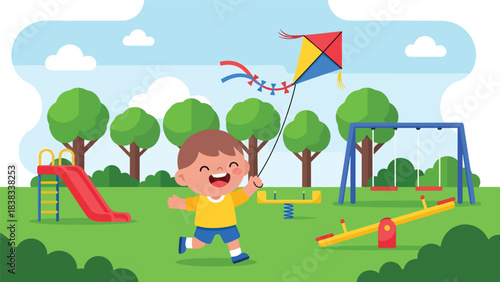 Modern flat vector illustration of a happy child smiling while running with a kite at the playground, surrounded by trees, sunshine, and playful shapes