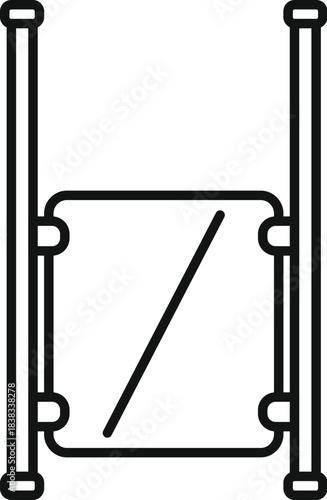 Simple black and white icon of a metro station gate, featuring a glass panel and metal bars, symbolizing access and security