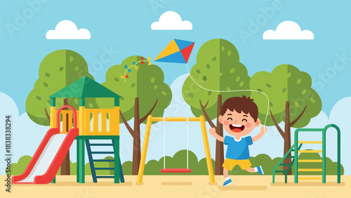 Modern flat vector illustration of a happy child smiling while running with a kite at the playground, surrounded by trees, sunshine, and playful shapes