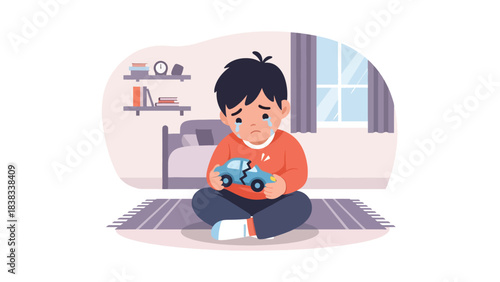 Modern flat vector illustration of a sad child sitting on the floor with a broken toy, expressing sadness and disappointment in a simple bedroom setting.