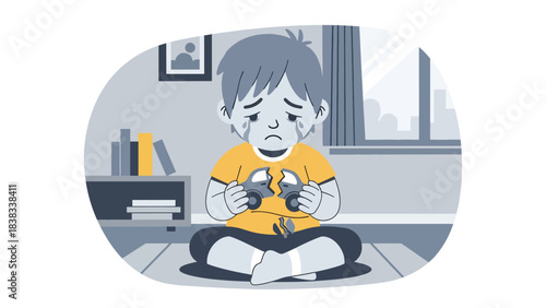 Modern flat vector illustration of a sad child sitting on the floor with a broken toy, expressing sadness and disappointment in a simple bedroom setting.