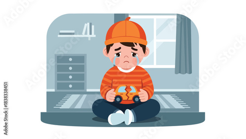 Modern flat vector illustration of a sad child sitting on the floor with a broken toy, expressing sadness and disappointment in a simple bedroom setting.
