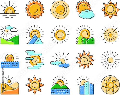Sun weather climate forecast predicting line icons