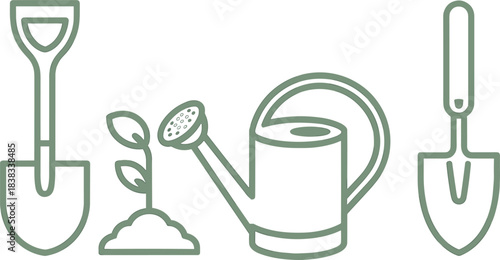 Minimalist gardening line art illustration, shovel, watering can, trowel, plant growing, garden tools outline, eco concept, horticulture design elements