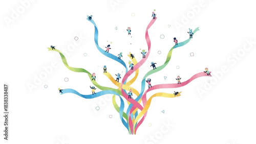 Vibrant Path of Progress: Miniature figures traverse along a colorful network of interconnected paths, symbolizing growth, innovation, and interconnectedness in an abstract artistic depiction.