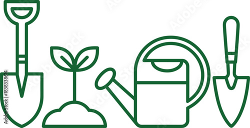 Minimalist gardening line art illustration, shovel, watering can, trowel, plant growing, garden tools outline, eco concept, horticulture design elements