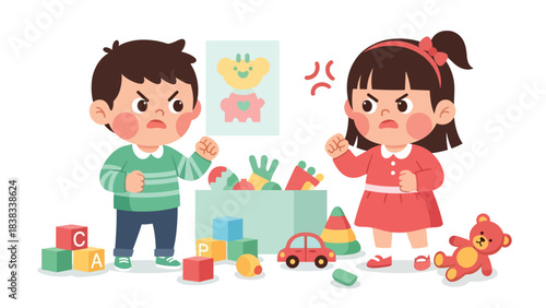 Modern flat vector illustration of an angry child clenching fists after a toy-sharing conflict, showing strong emotion and frustration