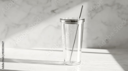glass tumbler with straw on marble surface, clear drinkware, monochrome mood, calm cafe vibe, concept of beverage service for cafe, restaurant, or home use