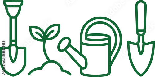 Minimalist gardening line art illustration, shovel, watering can, trowel, plant growing, garden tools outline, eco concept, horticulture design elements