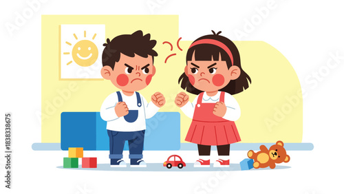 Modern flat vector illustration of an angry child clenching fists after a toy-sharing conflict, showing strong emotion and frustration