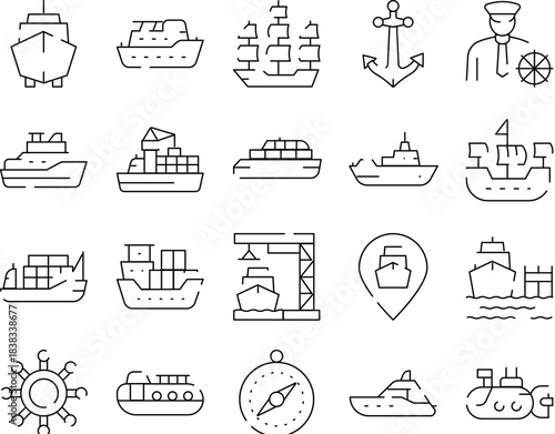 Shipping and marine transport line icons collecting