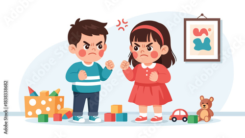 Modern flat vector illustration of an angry child clenching fists after a toy-sharing conflict, showing strong emotion and frustration