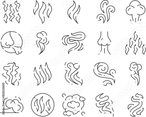 Olfaction process smell aroma vapor line icons set