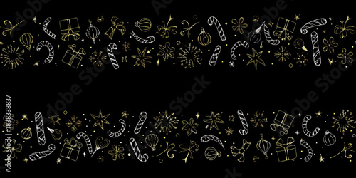 A festive border of hand drawn christmas ornaments and sparkling golden accents