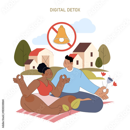 Digital Detox Meditation Vector Illustration with Couple