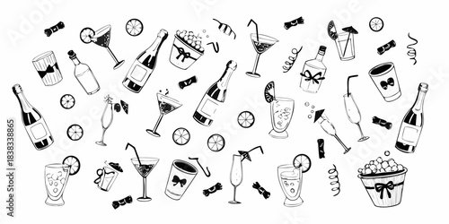 Hand drawn illustration of various beverages snacks and celebratory items in black and white