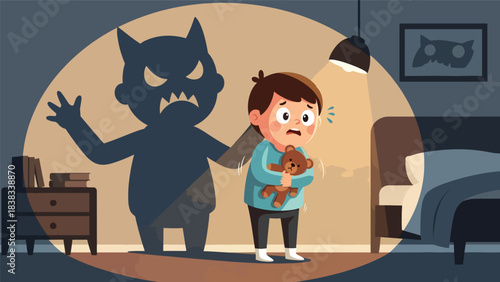 Modern flat vector illustration of a scared child holding a teddy bear in a dim bedroom with shadows, showing fear and uncertainty safely