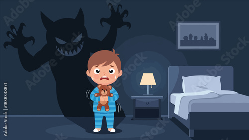Modern flat vector illustration of a scared child holding a teddy bear in a dim bedroom with shadows, showing fear and uncertainty safely