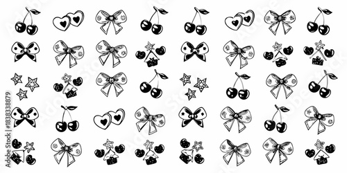 A playful pattern featuring cherries bows and stars in black and white