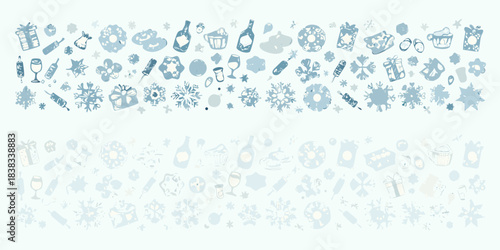 Collection of holiday themed icons and snowflake patterns in light blue tones