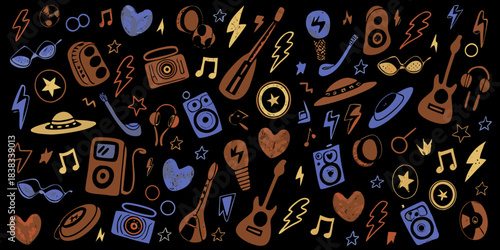 Colorful doodle collection featuring musical instruments headphones and quirky retro elements