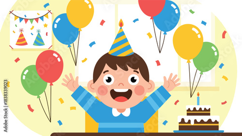Modern flat vector illustration of an excited child celebrating a birthday with balloons and cake, expressing joy and anticipation