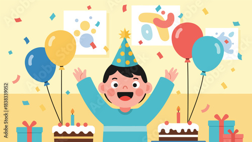 Modern flat vector illustration of an excited child celebrating a birthday with balloons and cake, expressing joy and anticipation