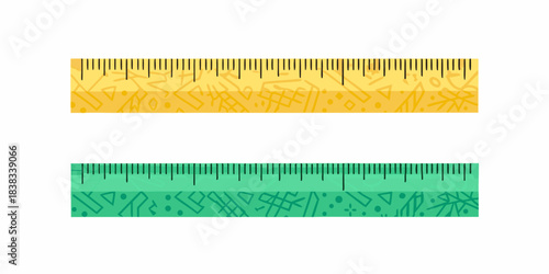Two colorful rulers with measurement markings displayed against a white background