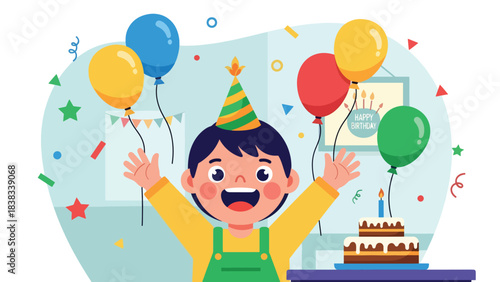 Modern flat vector illustration of an excited child celebrating a birthday with balloons and cake, expressing joy and anticipation