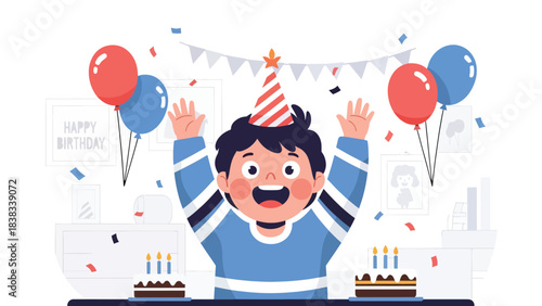 Modern flat vector illustration of an excited child celebrating a birthday with balloons and cake, expressing joy and anticipation